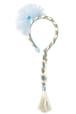 The Great Pretenders Ice Queen Princess Hair Braid is a costume headband featuring an attached blond braid, blue ribbon accents, and a blue tulle decoration.