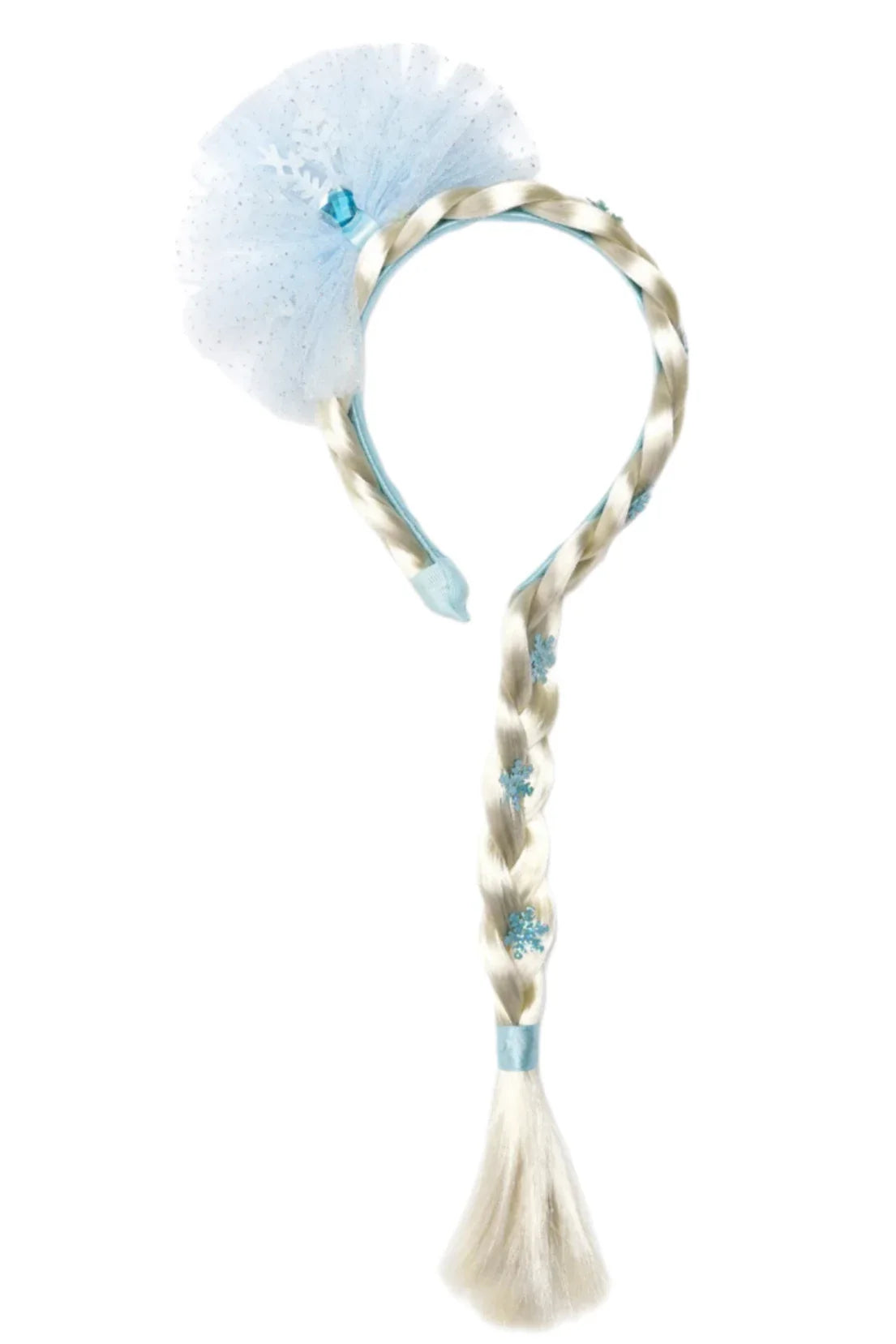 The Great Pretenders Ice Queen Princess Hair Braid is a costume headband featuring an attached blond braid, blue ribbon accents, and a blue tulle decoration.