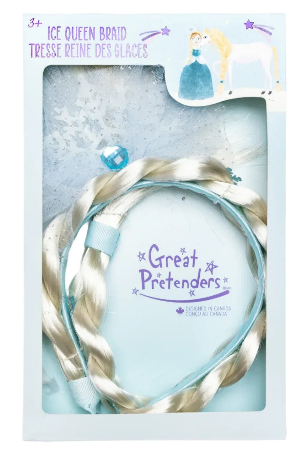 The Great Pretenders Ice Queen Princess Hair Braid is a blonde braided hair accessory adorned with blue ribbons, packaged with illustrations of a princess and a white horse. Perfect for little ones dreaming of magical adventures.