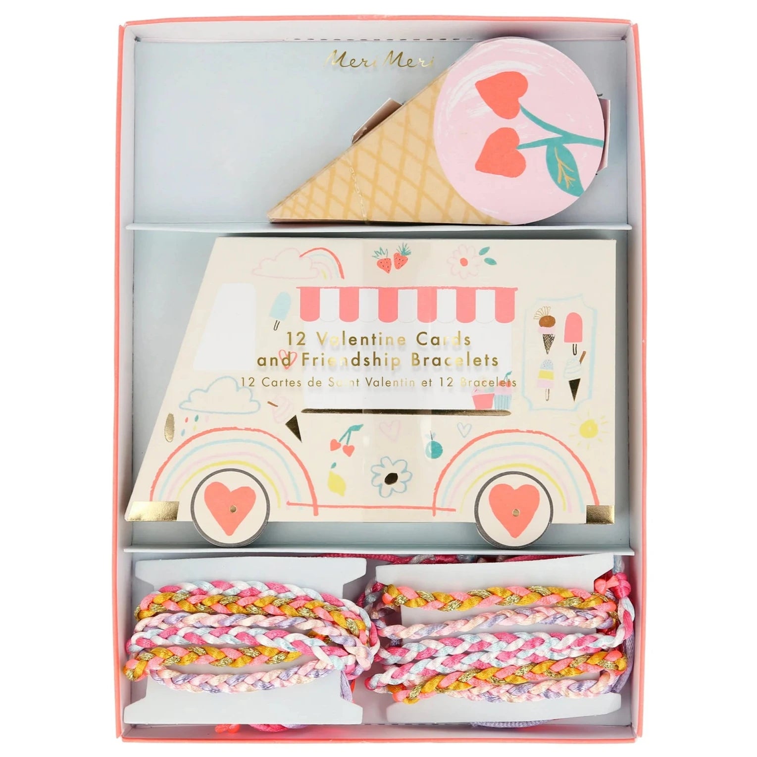 The Meri Meri Ice Cream Valentine's Cards set, shaped like an ice cream truck, includes 12 cards with friendship bracelets and a cherry-themed tape dispenser, making it perfect for sending sweet sentiments.