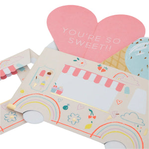 The Meri Meri Ice Cream Valentine's Cards feature a colorful ice cream truck with rainbows and a heart above, saying "You're So Sweet!" It's an ideal design for capturing sweet sentiments on Valentine's Day.