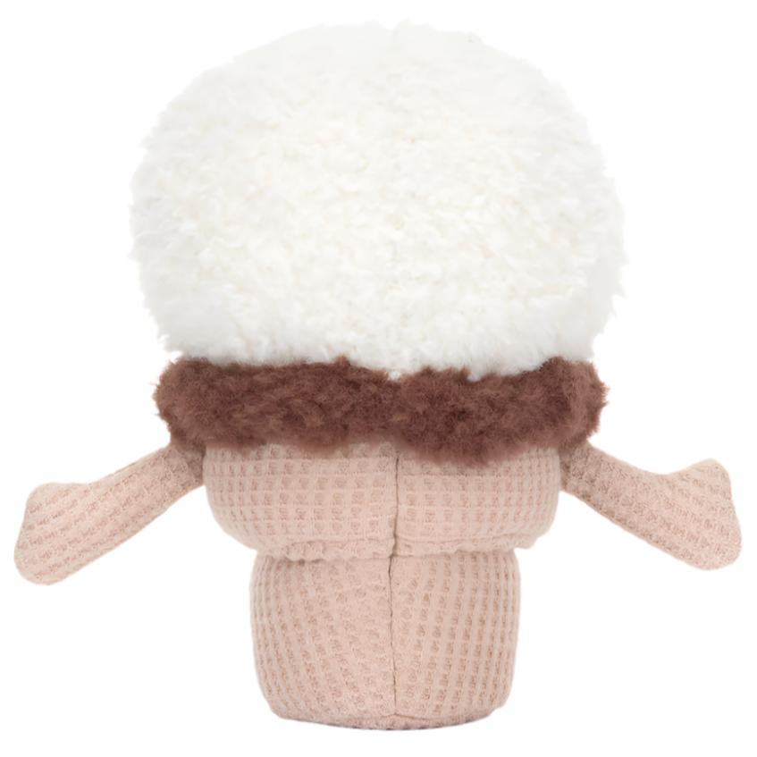 Product Description: The Jellycat Amuseables Ice Cream Cone from the renowned brand Jellycat showcases textured cream fur, a large, fluffy white head with brown trim around the neck, and outstretched beige arms on either side.