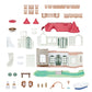 Components of the Calico Critters Red Roof Riverside Manor are laid out, including castle-style house walls, red roof parts, windows, spiral staircase slide pieces, fences, small accessories, and a boat—all arranged neatly on a white background.