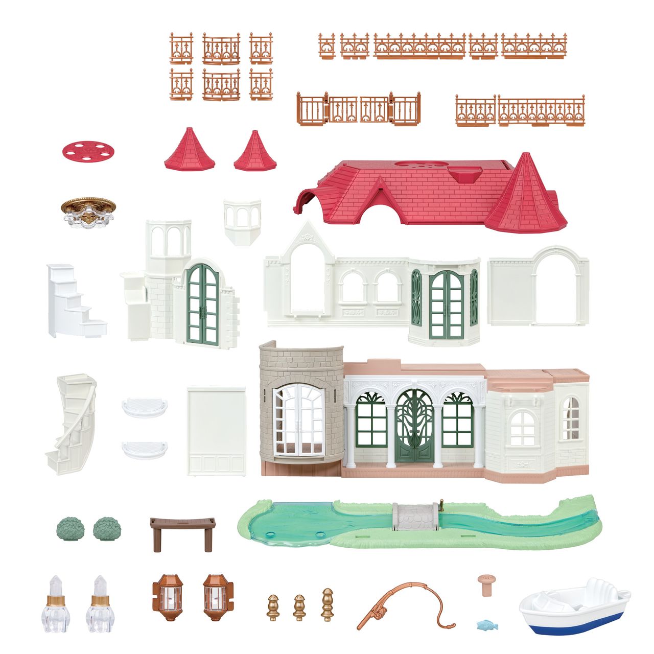 Components of the Calico Critters Red Roof Riverside Manor are laid out, including castle-style house walls, red roof parts, windows, spiral staircase slide pieces, fences, small accessories, and a boat—all arranged neatly on a white background.