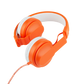 Yoto's Headphones Orange over-ear wired headphones with white ear pads and a braided cable, featuring an adjustable headband for a perfect fit, against a white background.