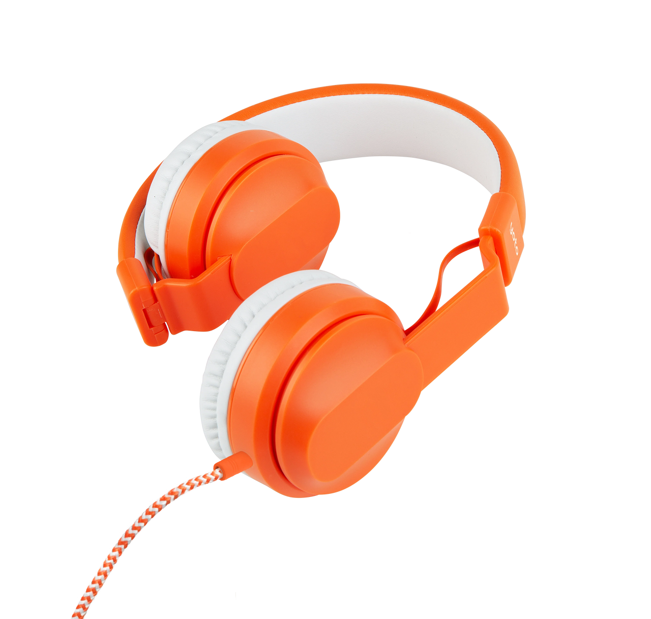 Yoto's Headphones Orange over-ear wired headphones with white ear pads and a braided cable, featuring an adjustable headband for a perfect fit, against a white background.