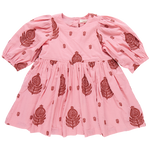 The Pink Chicken Girls' Embroidered Brooke Dress, featuring a beautiful pink color with three-quarter puff sleeves and an A-line skirt, is adorned with intricate red paisley and floral embroidery, making it perfect for fall patterns.