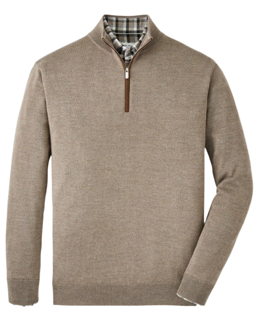 The Peter Millar Autumn Crest Quarter-Zip Suede Trim, showcasing a classic fit in brown Merino wool with a plaid shirt collar underneath, is elegantly displayed on a white background. This breathable piece from Peter Millar flawlessly combines comfort with timeless style.