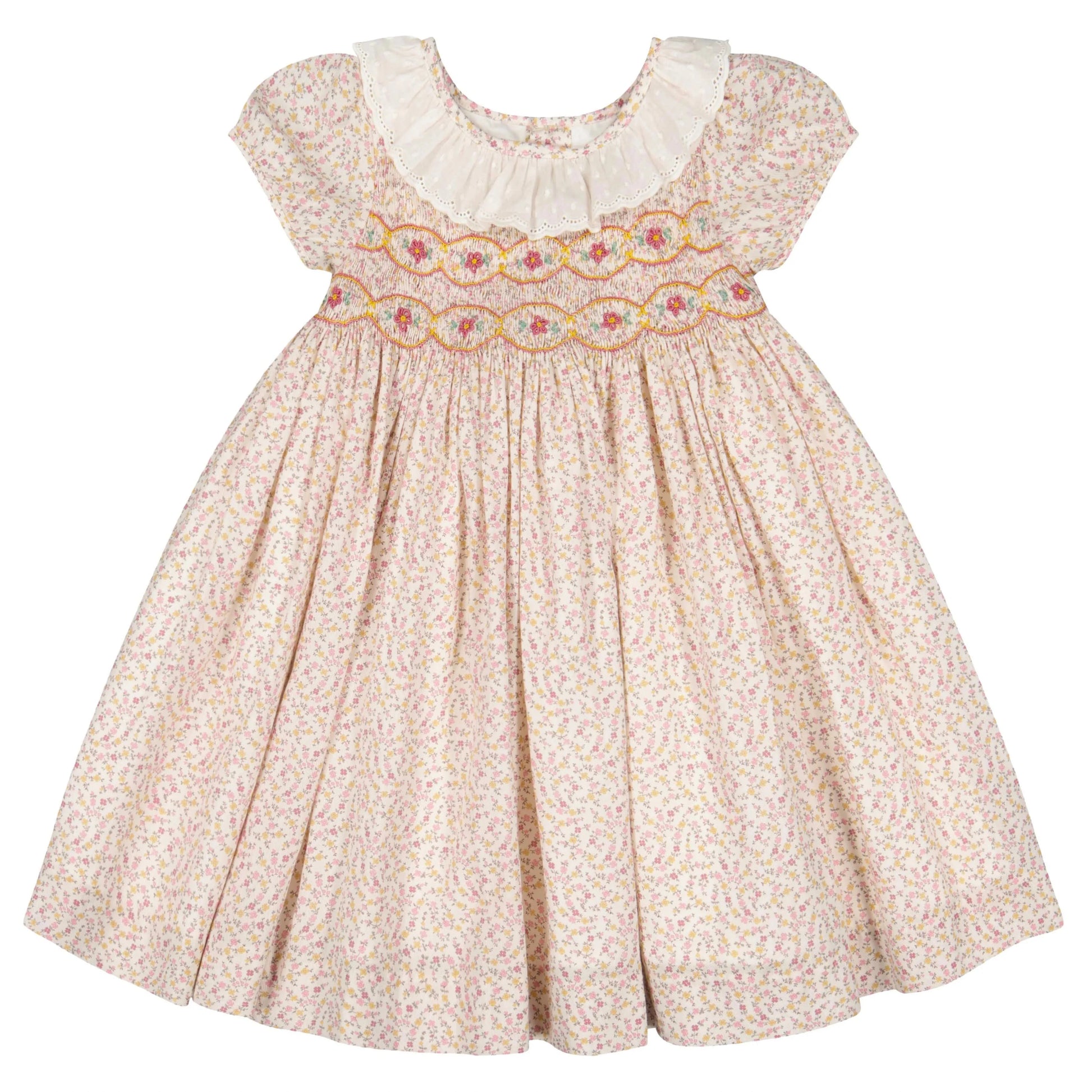 The Antoinette Baby Girls' and Girls' Isadora Short Sleeve Floral Smocked Dress features a white ruffled collar and decorative smocking on the chest.