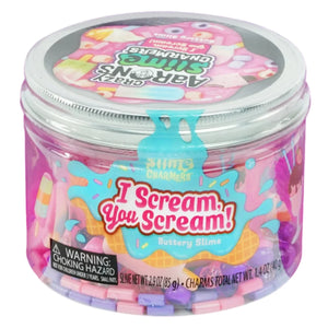 Jar of Crazy Aarons Slime Charmers with textured mixers and a colorful label showcasing ice cream cones and sprinkles. Includes charms for added fun! Warning for choking hazard noted on the side.