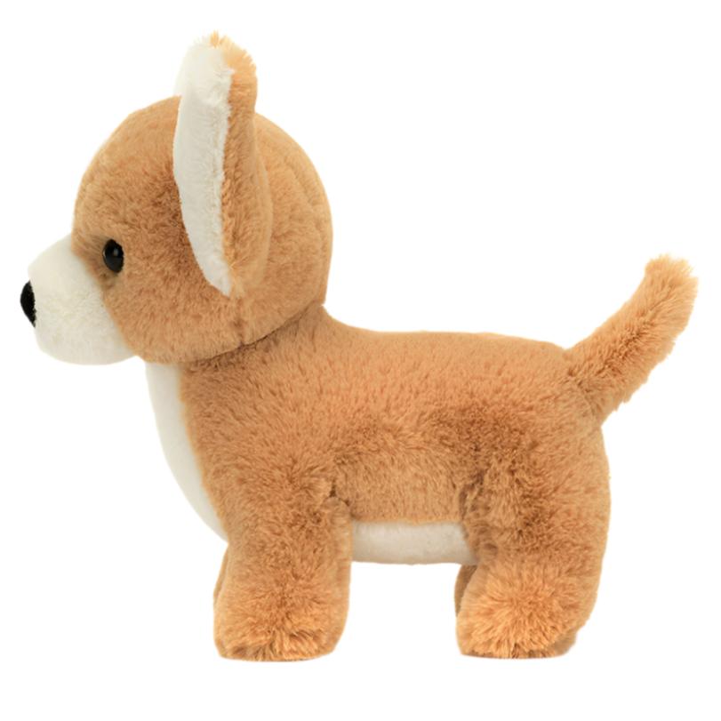 This adorable companion, the Jellycat Isobel Chihuahua plush toy, features light brown and white honey fur accents and is shown in profile facing left.