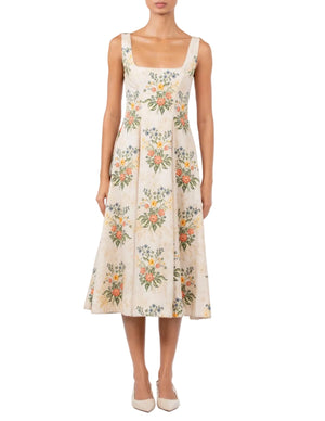 Agua By Agua Bendita Pistilo Dress: a sleeveless, cream-colored floral print midi dress featuring a square neckline and an all-over pattern of colorful wildflowers.
