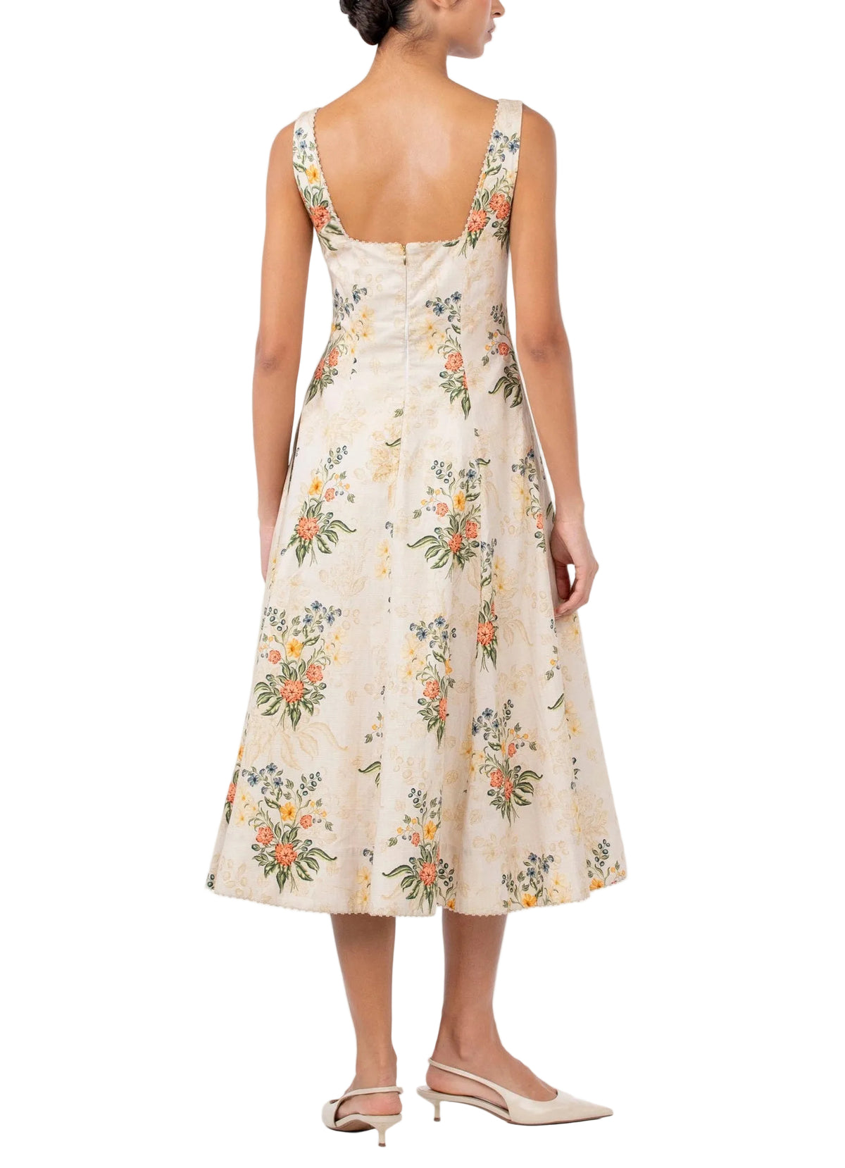 Back view of the Agua By Agua Bendita Pistilo Dress, a sleeveless, mid-length cream floral print midi dress with a scalloped trim.