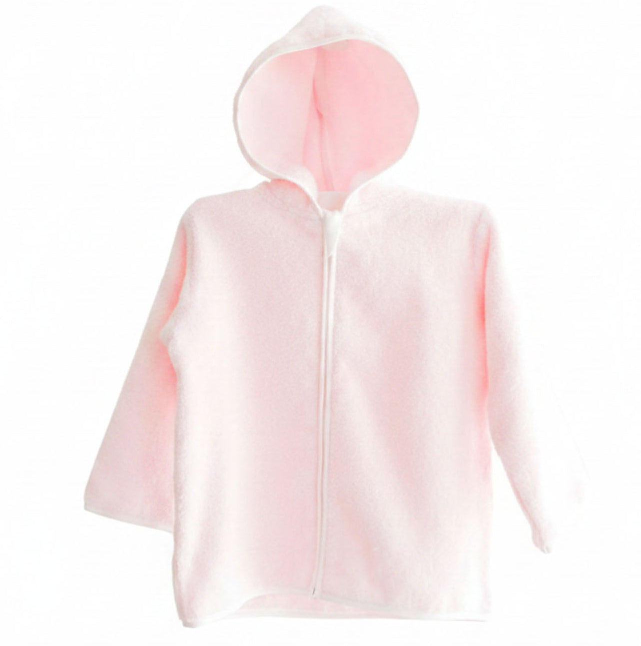 The Terry Tots Baby and Kids’ Terry Jacket - Pink is a cozy hooded children’s jacket crafted from plush pink terrycloth, perfect as a pool cover up. Featuring a front zipper, it’s displayed on a plain white background.