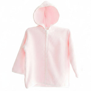 The Terry Tots Baby and Kids’ Terry Jacket - Pink is a cozy hooded children’s jacket crafted from plush pink terrycloth, perfect as a pool cover up. Featuring a front zipper, it’s displayed on a plain white background.