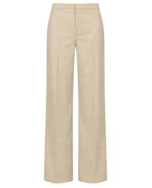 The Jacky Pant by Callas Milano is a beige high-rise, wide-leg trouser featuring a concealed front closure and tailored seams, crafted from soft brushed flannel and showcased against a white background.