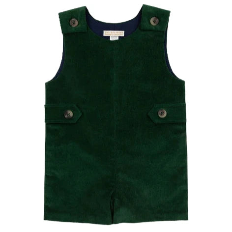 A sleeveless dark green Baby Boys' Corduroy Jack Keene Jon Jon by The Beaufort Bonnet Company, featuring button details on the shoulders and sides, shown against a white background.