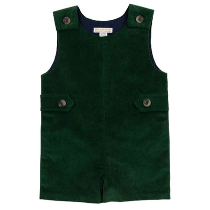 A sleeveless dark green Baby Boys' Corduroy Jack Keene Jon Jon by The Beaufort Bonnet Company, featuring button details on the shoulders and sides, shown against a white background.