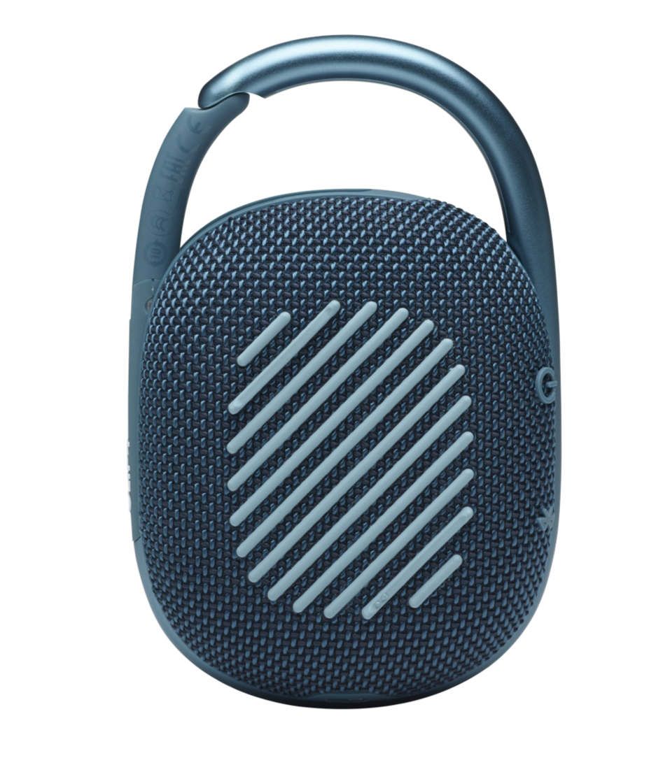 The JBL Clip 4 Waterproof Bluetooth Speaker is a compact, portable device with a woven design and built-in carabiner for easy attachment. Its waterproof feature lets you enjoy music anywhere, in any weather.