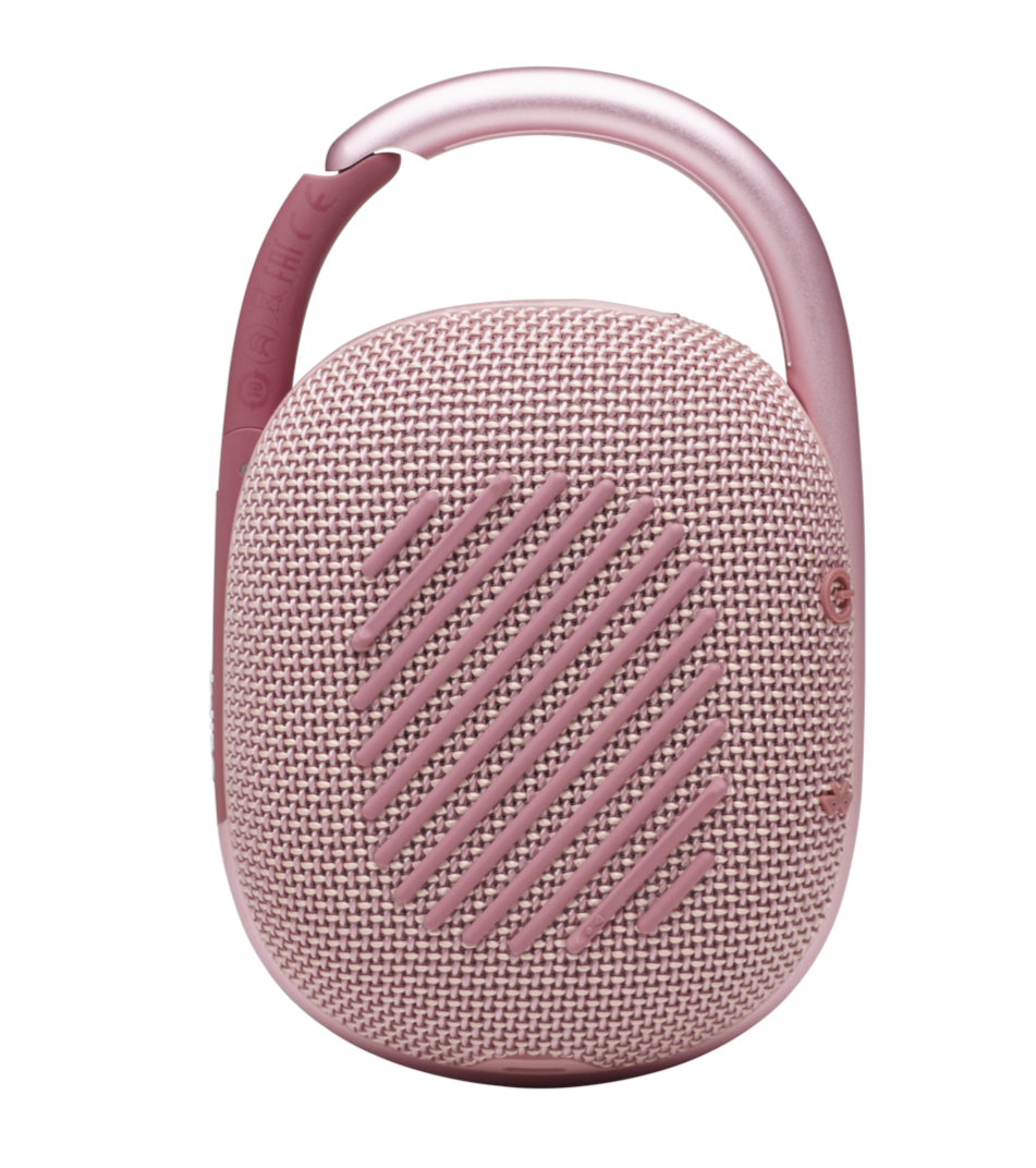 The JBL Clip 4 is a portable pink Bluetooth speaker with a waterproof construction, featuring a carabiner clip and a textured surface with diagonal front lines.