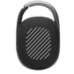 The JBL Clip 4 Waterproof Bluetooth Speaker boasts a textured front grille, carabiner clip, and sleek black design, making it perfect for outdoor adventures.