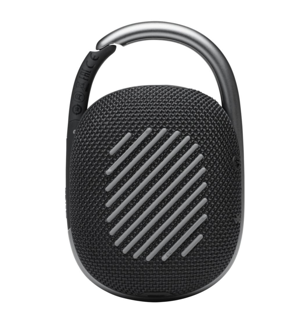 The JBL Clip 4 Waterproof Bluetooth Speaker boasts a textured front grille, carabiner clip, and sleek black design, making it perfect for outdoor adventures.