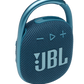 The JBL Clip 4 Waterproof Bluetooth Speaker features a textured blue finish and an integrated carabiner for portability. This speaker is equipped with control buttons for volume and playback, offering the ideal solution for adventurous audio needs.
