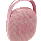 The JBL Clip 4, in pink, is a waterproof portable Bluetooth speaker with a woven texture and convenient top control buttons, featuring a handy carabiner clip for easy attachment.