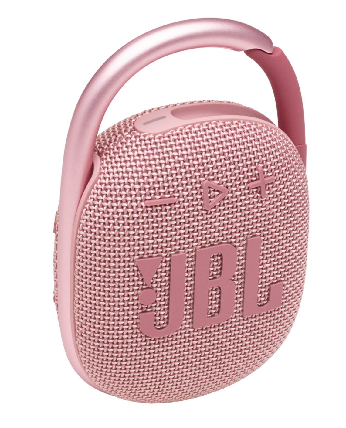 The JBL Clip 4, in pink, is a waterproof portable Bluetooth speaker with a woven texture and convenient top control buttons, featuring a handy carabiner clip for easy attachment.