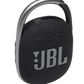 The JBL Clip 4 Waterproof Bluetooth Speaker in black features a textured fabric finish with simple front control buttons and a carabiner hook, making it easy to take your music anywhere without worry.