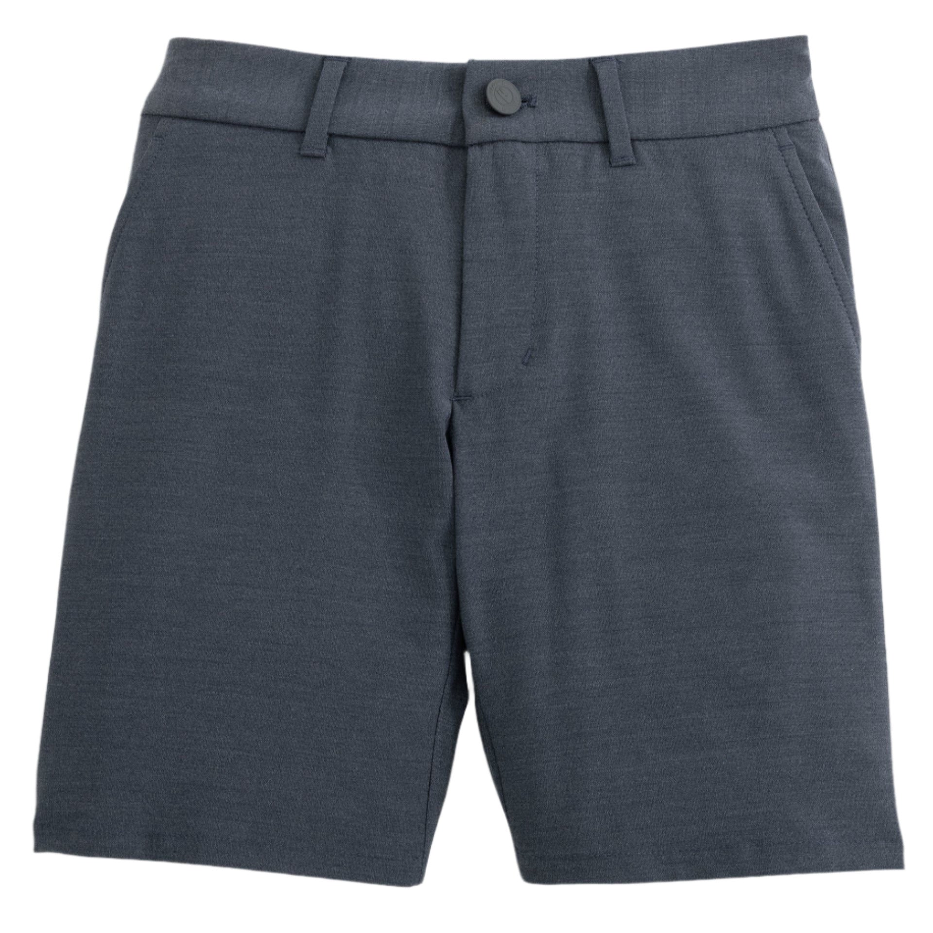 The Boys' Mulligan Jr. Performance Shorts by Johnnie-O are dark gray, made from stretch fabric with belt loops, front pockets, and a button closure—perfect for comfort during after-school sports.