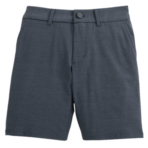 The Boys' Mulligan Jr. Performance Shorts by Johnnie-O are dark gray, made from stretch fabric with belt loops, front pockets, and a button closure—perfect for comfort during after-school sports.