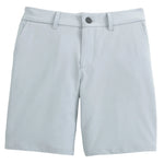 The Boys' Mulligan Jr. Performance Shorts by Johnnie-O are light gray, knee-length, with belt loops, front pockets, and a button closure. Made from stretch fabric for comfort during after-school sports. Shown on a plain white background.