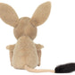 The Jellycat Jerboa plush is shown from behind, displaying large upright ears, a long tail, and a black-tipped tail end.