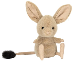 The Jellycat Jerboa is a cute plush toy with large ears, a round body, small limbs, and a long black-tipped tail—a charming stuffed animal companion.