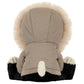 Back view of a Jellycat Jack ‘Alpine’ plush toy wearing a hooded parka with a faux fur trim, sitting with its paws and tail visible.