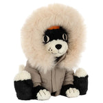 Plush black and white Jellycat Jack ‘Alpine’ cat wearing a winter parka with a faux-fur trimmed hood.
