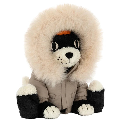 Plush black and white Jellycat Jack ‘Alpine’ cat wearing a winter parka with a faux-fur trimmed hood.