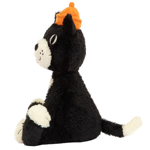 The Jellycat Jack Huge 24" plush by Jellycat is a black and white tuxedo cat with soft, tufty fur, sitting upright and facing left, sporting an orange hat.