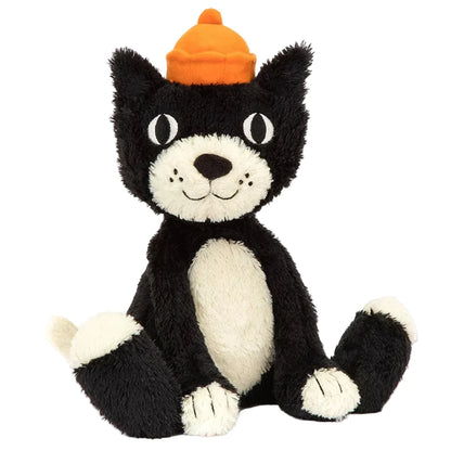 The Jellycat Jack Huge, 24", by Jellycat is a black and white plush tuxedo cat with soft tufty fur and an orange hat, sitting upright against a plain background.