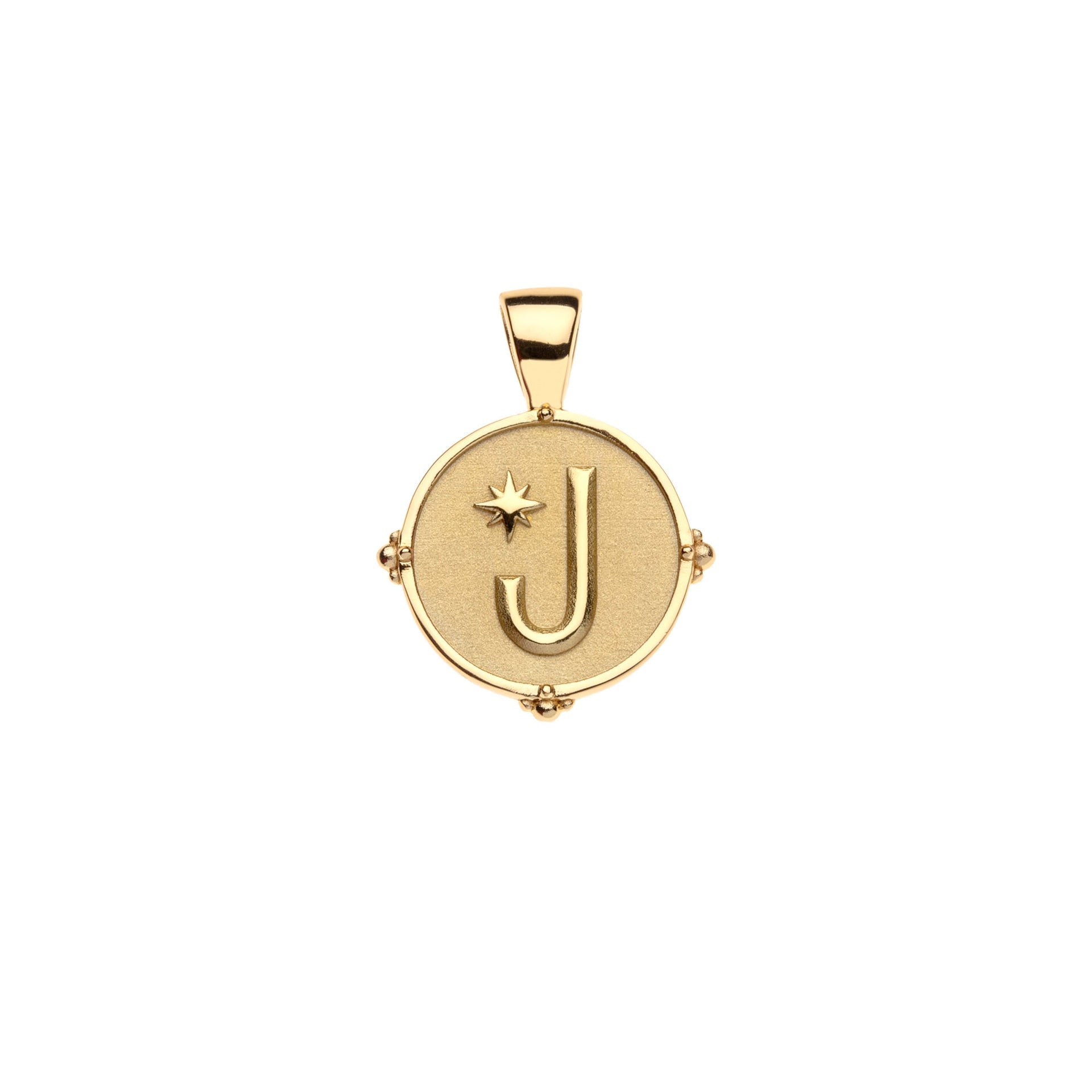 The Jane Win Letter Pendant Satellite Necklace Collection features a 14k gold pendant with the letter "J" and a small star engraved on a round, flat disc—an elegant, timeless personalized necklace.