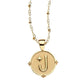 The Jane Win Letter Pendant Satellite Necklace Collection features a 14k gold plated round pendant with a raised letter "J" and star on a textured background—an ideal personalized jewelry piece for everyday style.