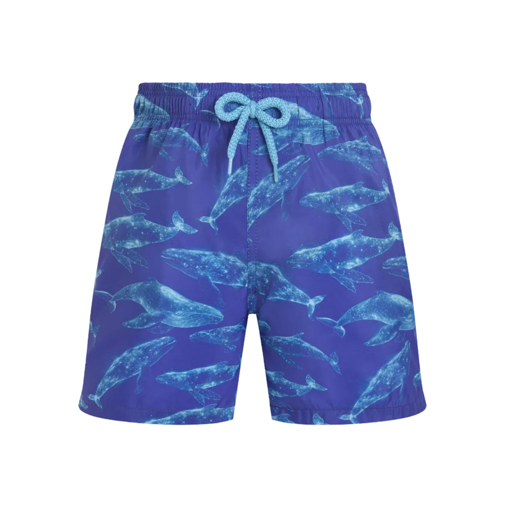 The Vilebrequin Boys' Sparkling Whales Swim Shorts are ultra-light blue with a drawstring waist, featuring an all-over print of dolphins and sparkling whales in various swimming poses.