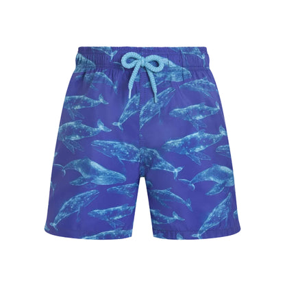 The Vilebrequin Boys' Sparkling Whales Swim Shorts are ultra-light blue with a drawstring waist, featuring an all-over print of dolphins and sparkling whales in various swimming poses.