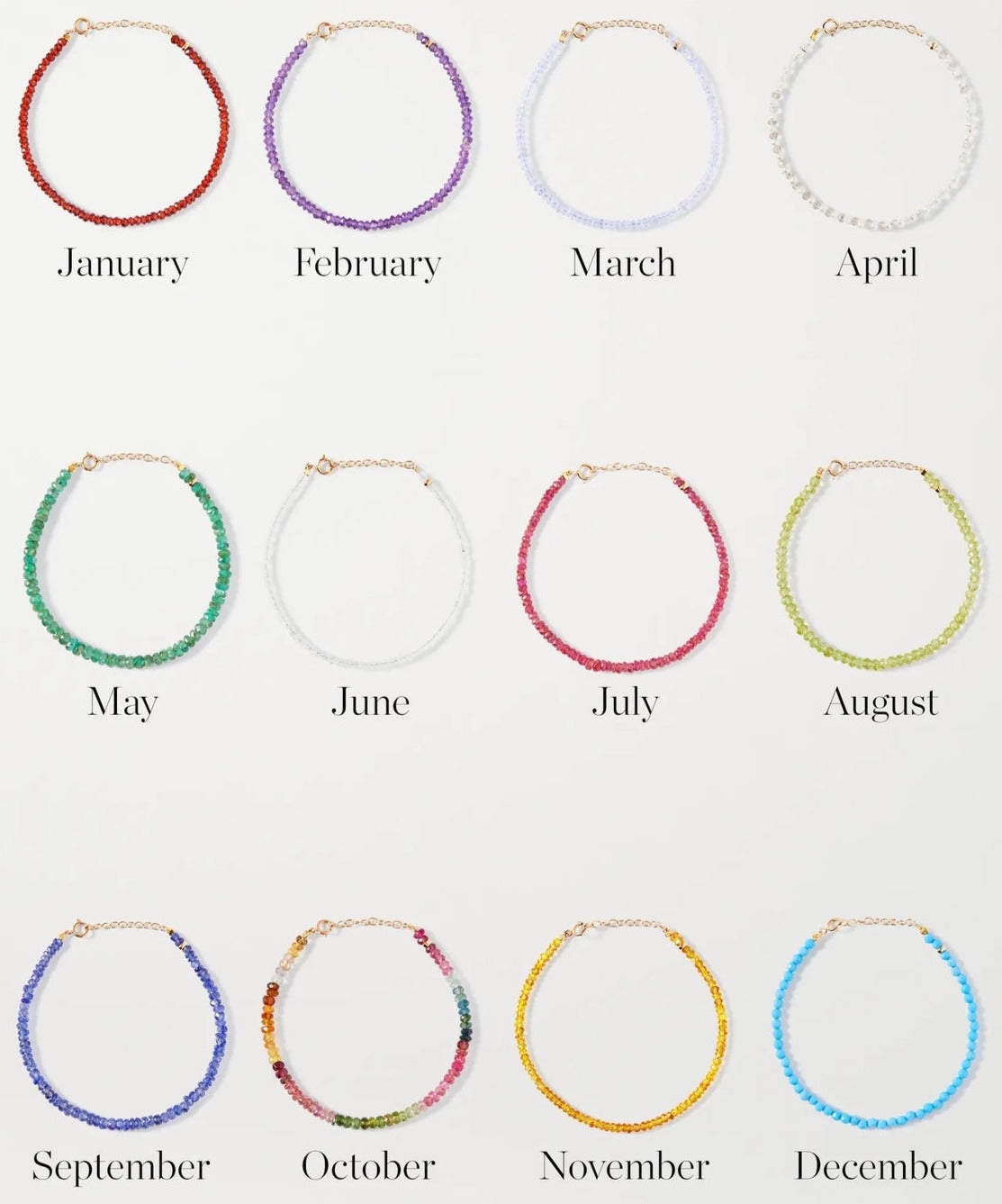 Twelve Jia Jia Birthstone Bracelets arranged in a grid, labeled by month from January to December, each featuring different colors and semi-precious gemstones.