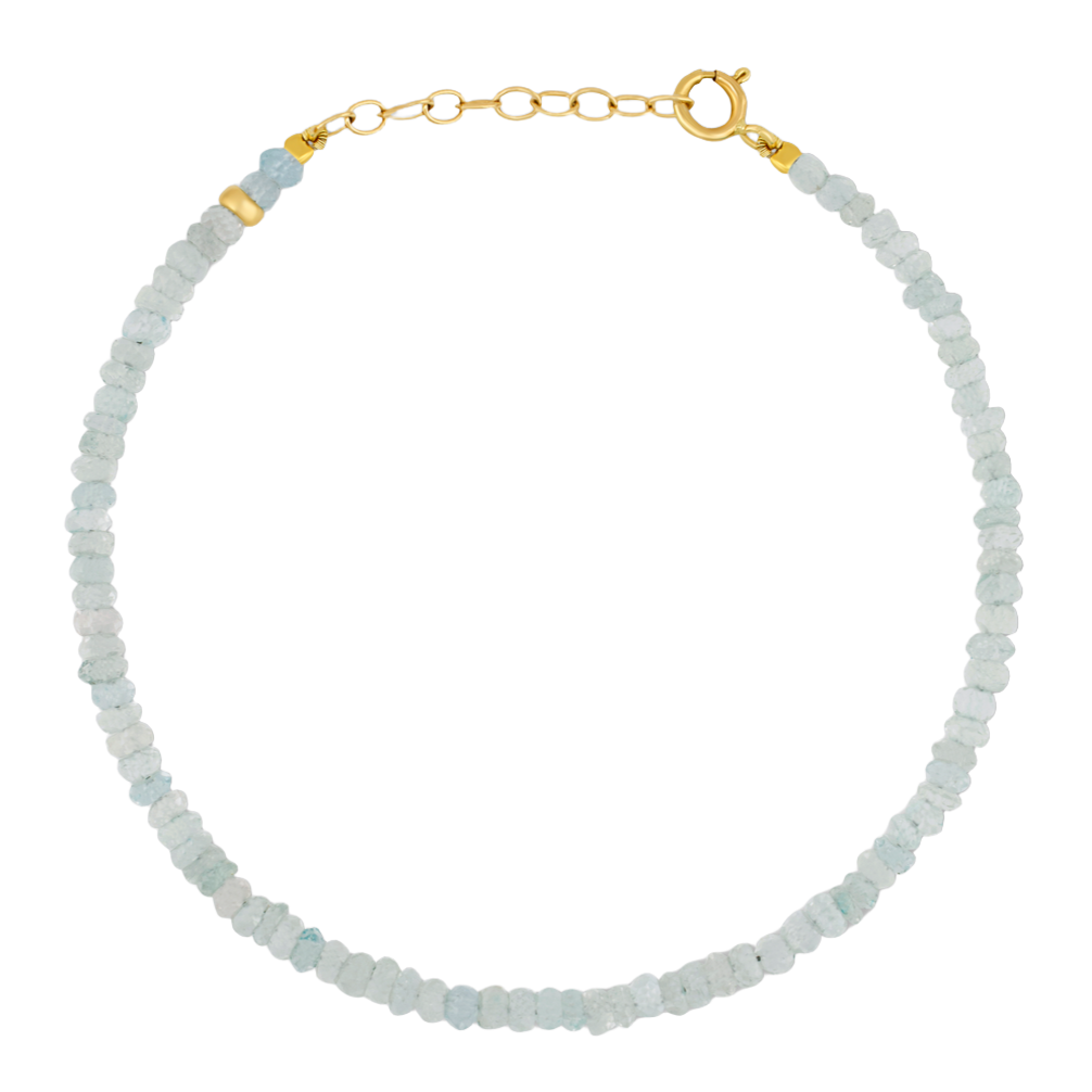 Introducing the Jia Jia Birthstone Bracelet by Jia Jia, featuring small, light blue beads and a 14 karat gold clasp with an adjustable chain.