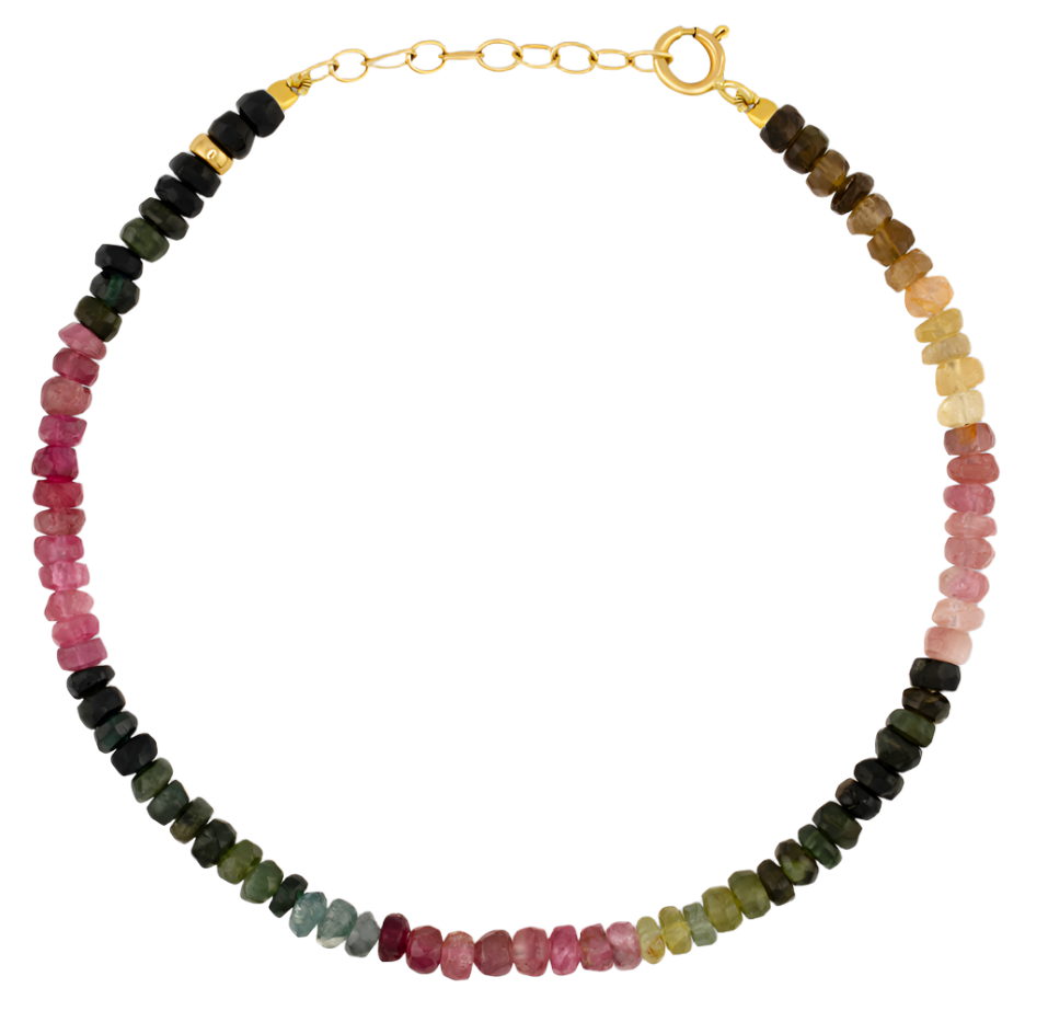 Introducing the Jia Jia Birthstone Bracelet: a stunning piece crafted with multicolored round semi-precious gemstones in an array of shades, including black, green, pink, yellow, and brown. This versatile bracelet from Jia Jia features a 14-karat gold clasp and an adjustable chain for the perfect fit.