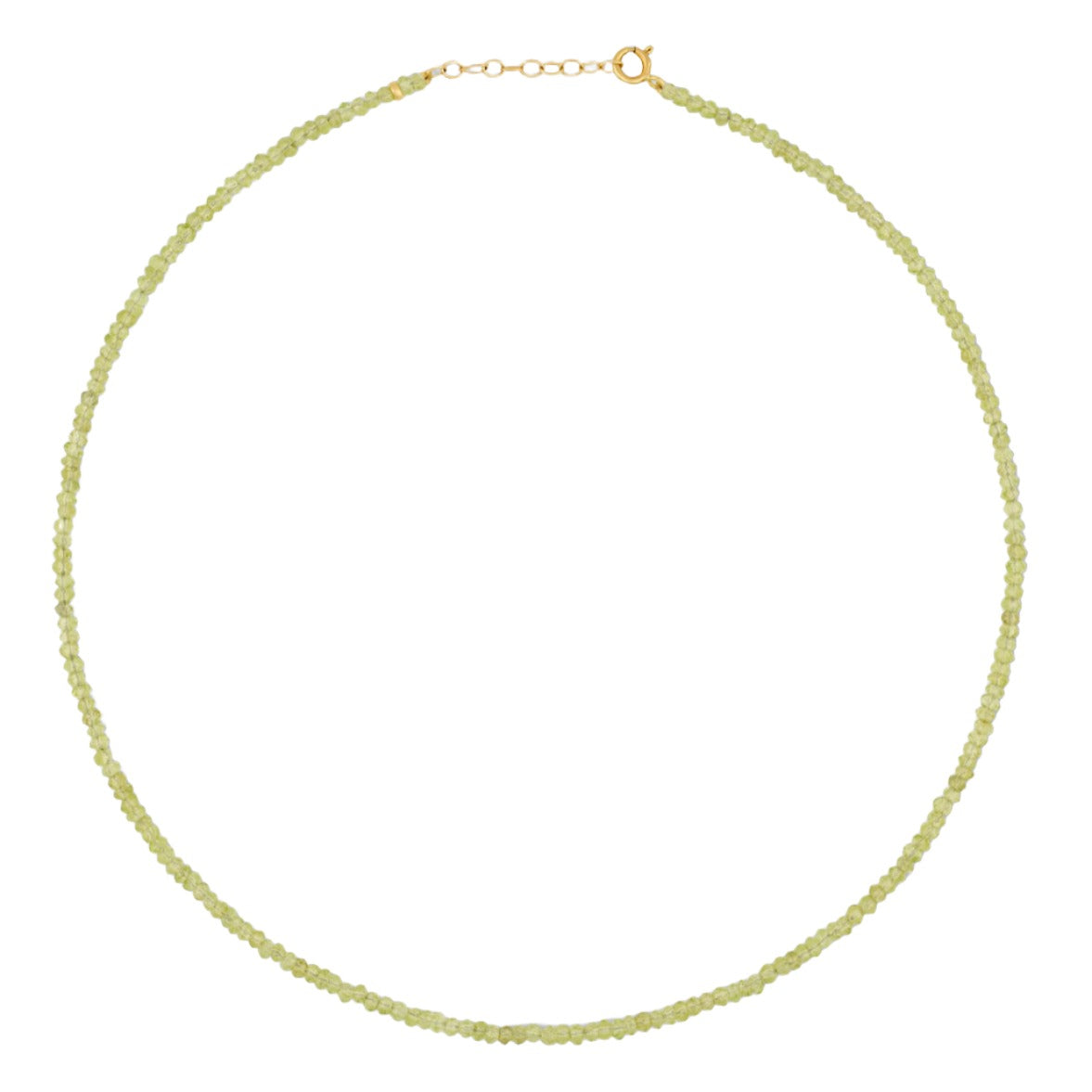 The Jia Jia Birthstone Necklace, a delicate design with semi-precious gemstones and a 14-karat gold clasp, is artistically displayed in a circle on a white background.