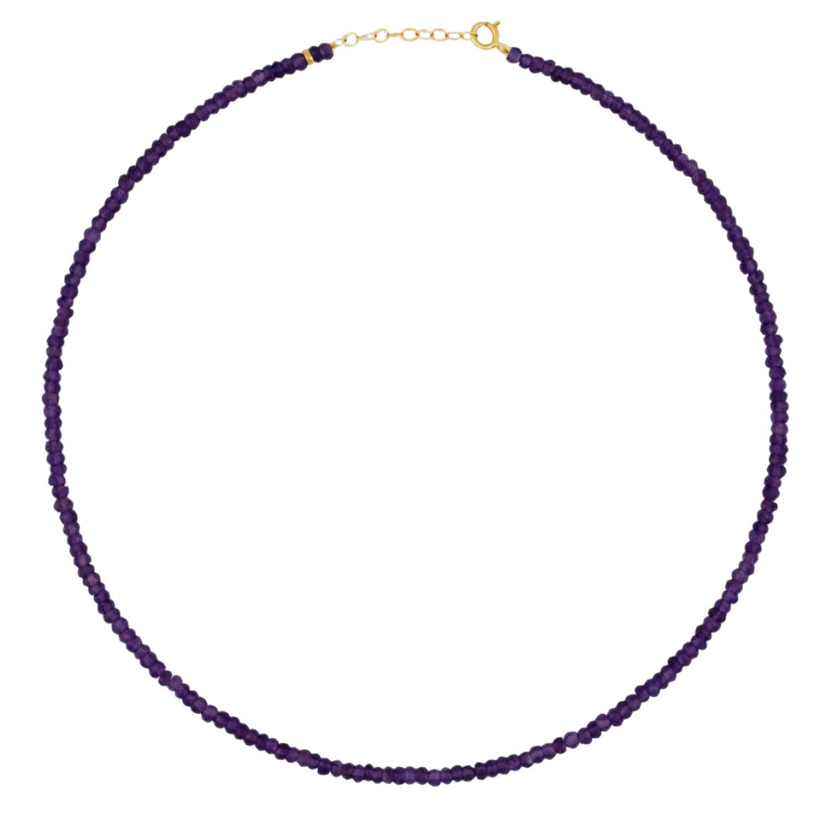 The Jia Jia Birthstone Necklace from the brand Jia Jia is an elegant thin string necklace, embellished with small purple semi-precious gemstones and finished with a 14 karat gold clasp.