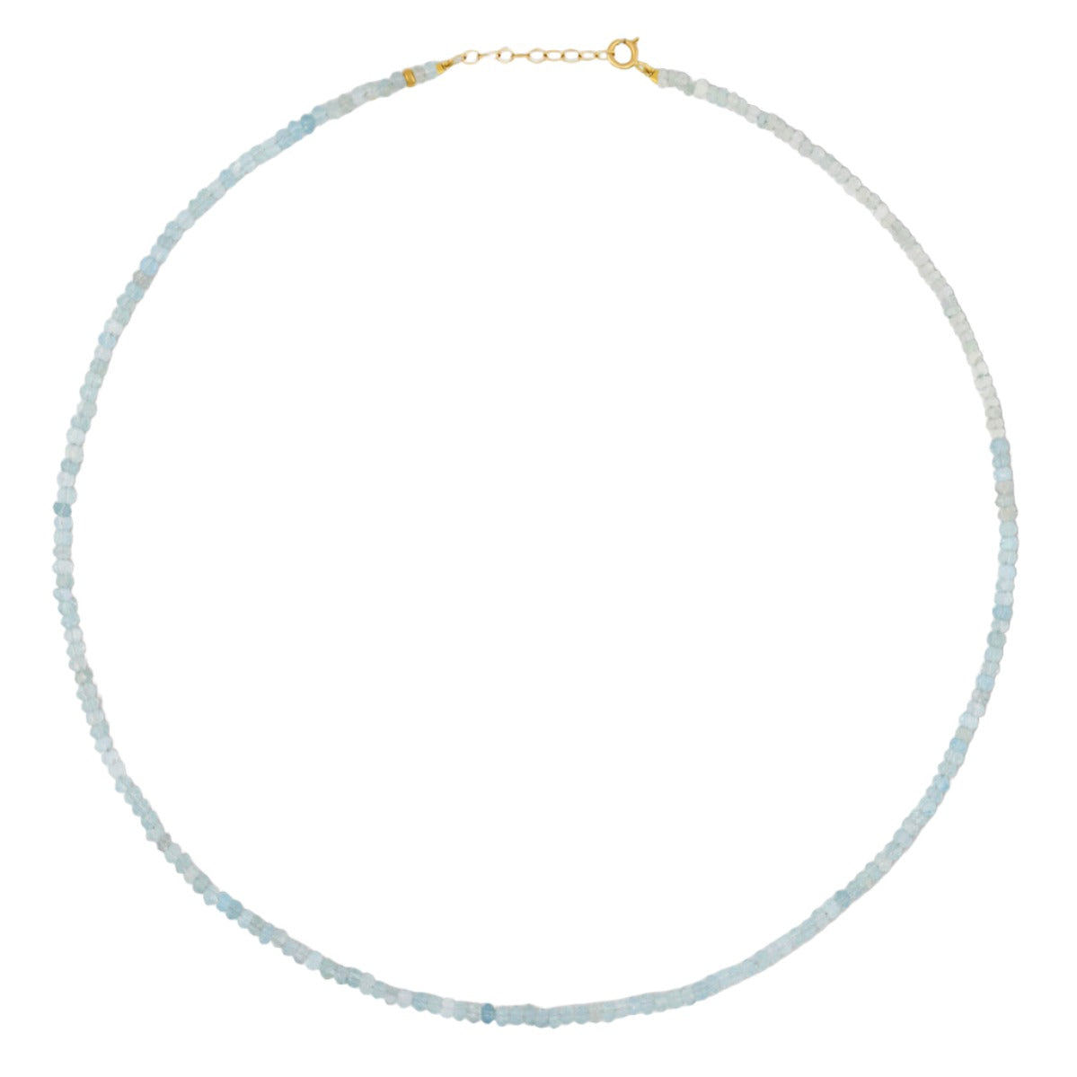 The Jia Jia Birthstone Necklace from the brand Jia Jia is a delicate piece featuring small, light blue semi-precious gemstones and a 14-karat gold clasp.